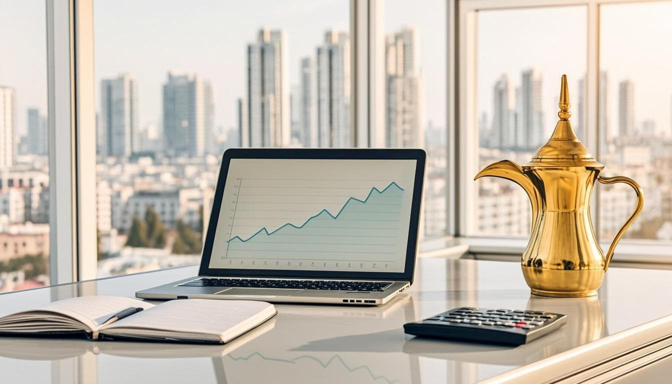 Laptop on a shop counter showing a rising growth chart, next to the till of a small Dubai business