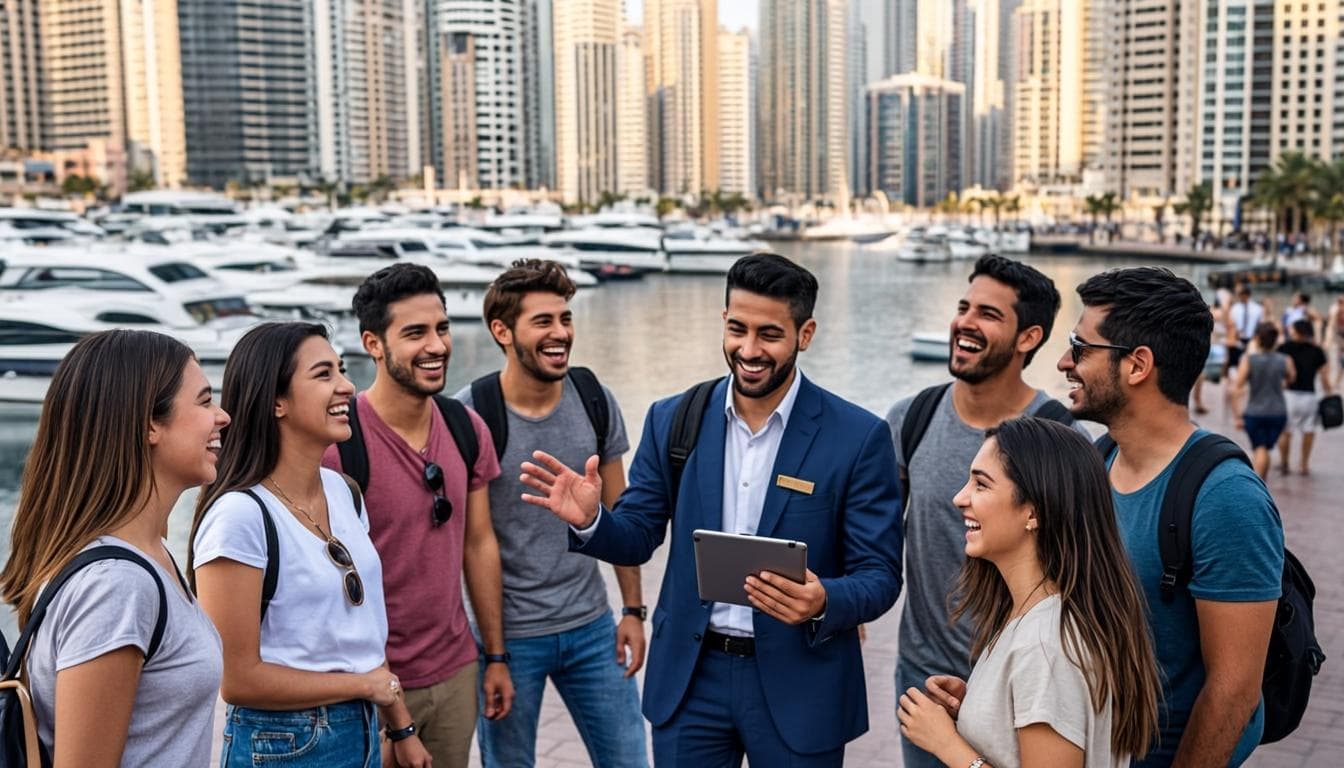 Tour guide welcoming guests at the Dubai Marina waterfront before a boat departure