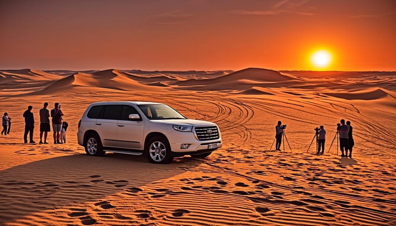 Desert safari convoy crossing the dunes near Dubai at sunset with a falcon flying overhead