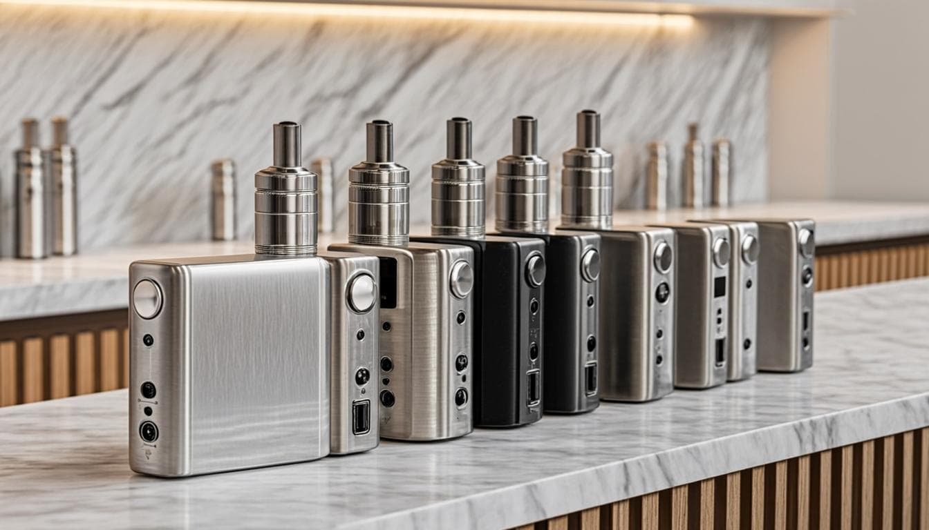 Line-up of vape devices and packaging photographed in a clean retail style for product pages